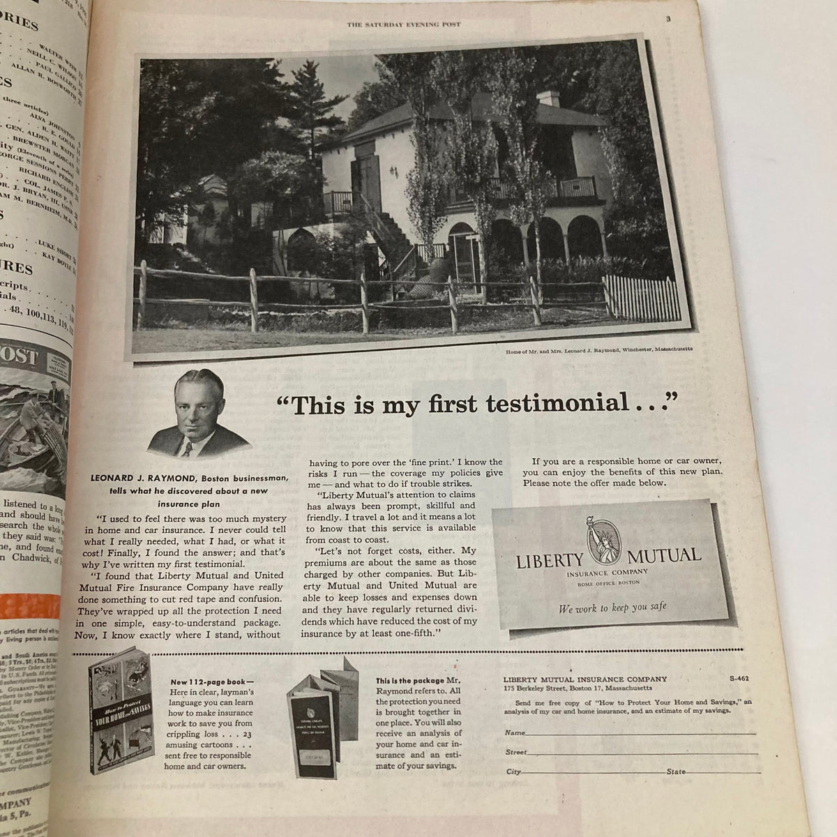 Continued content from the Saturday Evening Post Magazine March 9, 1946 featuring a feature on Leonard J. Raymond discussing insurance plans.