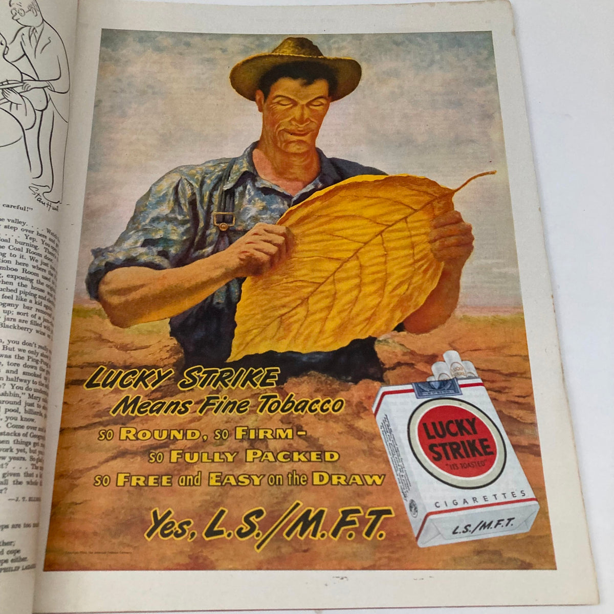 Advertisement inside the Saturday Evening Post Magazine March 9, 1946 for Lucky Strike cigarettes, depicting a farmer holding a tobacco leaf.