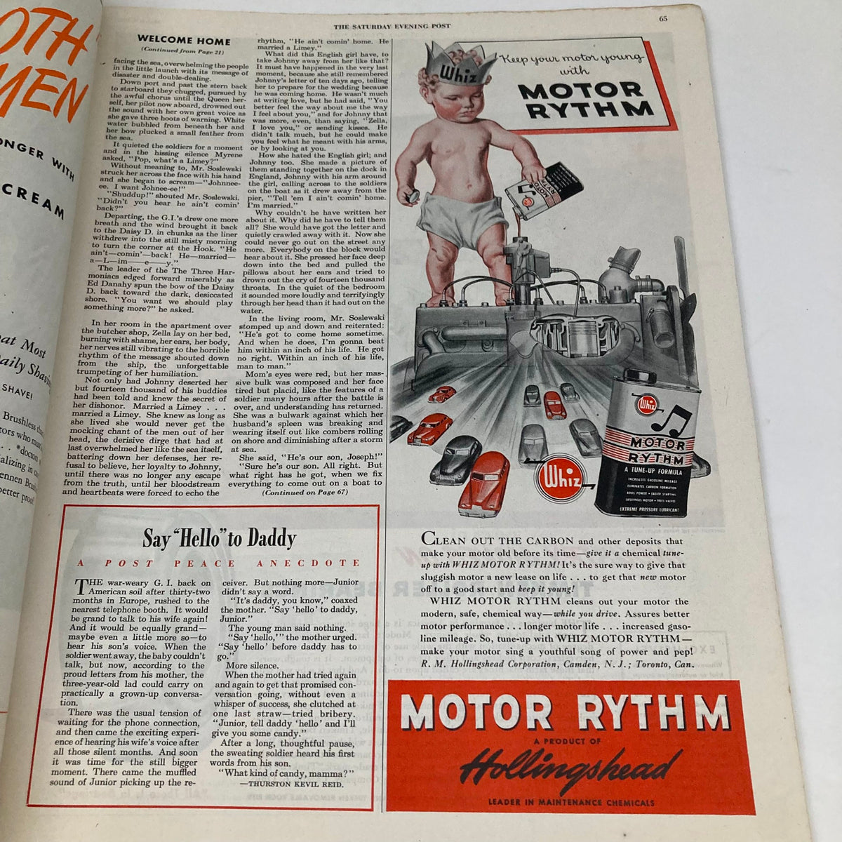 Right page of the Saturday Evening Post Magazine March 9, 1946 featuring an advertisement for Whiz Motor Rythm oil with a child and vehicles.