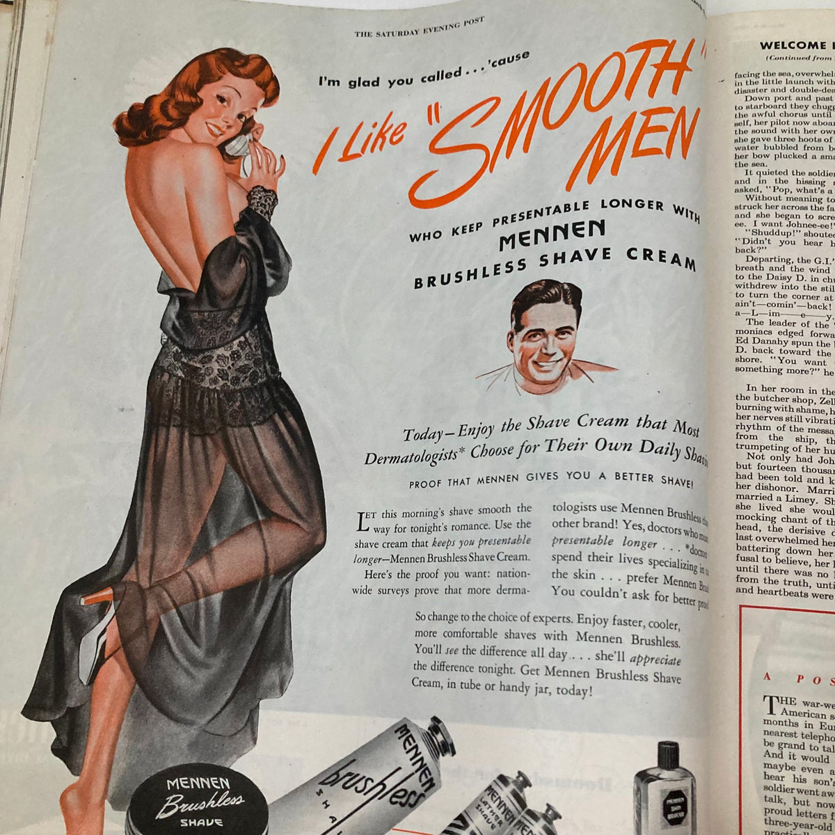 Illustrated advertisement featuring a glamorous woman promoting Mennen Brushless Shave Cream from the Saturday Evening Post Magazine, March 9, 1946.