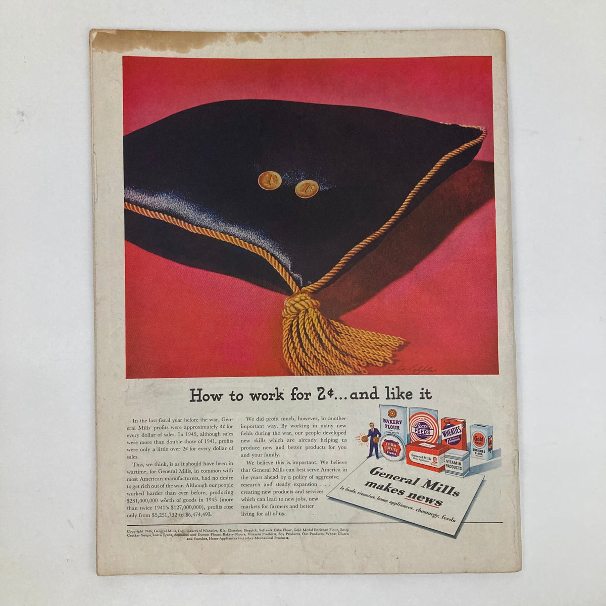 Back cover ad showcasing a graduation cap with a tassel, promoting General Mills products in the Saturday Evening Post Magazine, March 9, 1946.