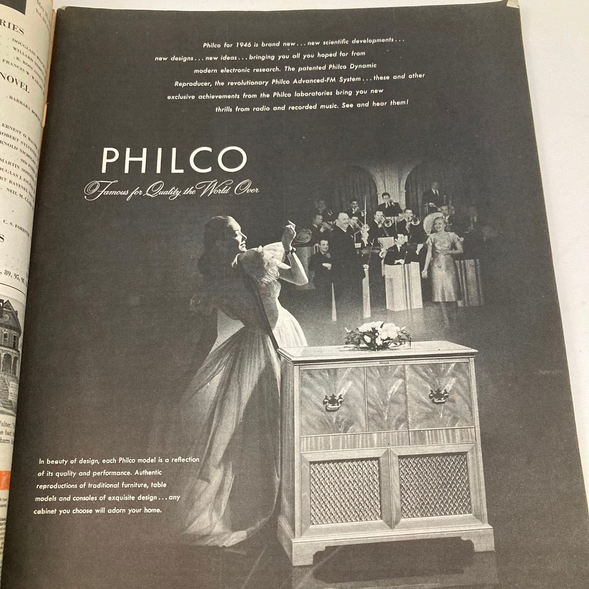Philco advertisement from Saturday Evening Post Magazine May 18 1946 featuring a woman with a microphone, promoting new radio technology under the tagline 'Famous for Quality the World Over.'