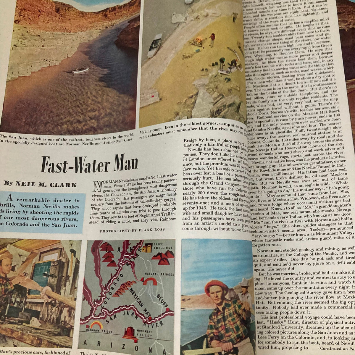 Feature article titled 'Fast-Water Man' in Saturday Evening Post Magazine May 18 1946, showcasing Norman Nevill's adventures on the San Juan River with images of rapids and camping.
