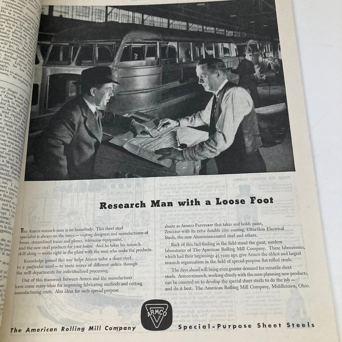 Advertisement titled 'Research Man with a Loose Foot' in Saturday Evening Post Magazine May 18 1946, depicting professionals discussing sheet steel research with vintage vehicles in the background.