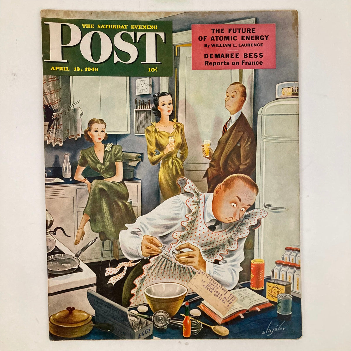 Cover of Saturday Evening Post Magazine April 13, 1946, illustrated by Alajalov, featuring a domestic scene with a chef in an apron preparing food in a kitchen, accompanied by elegantly dressed figures engaging in conversation.