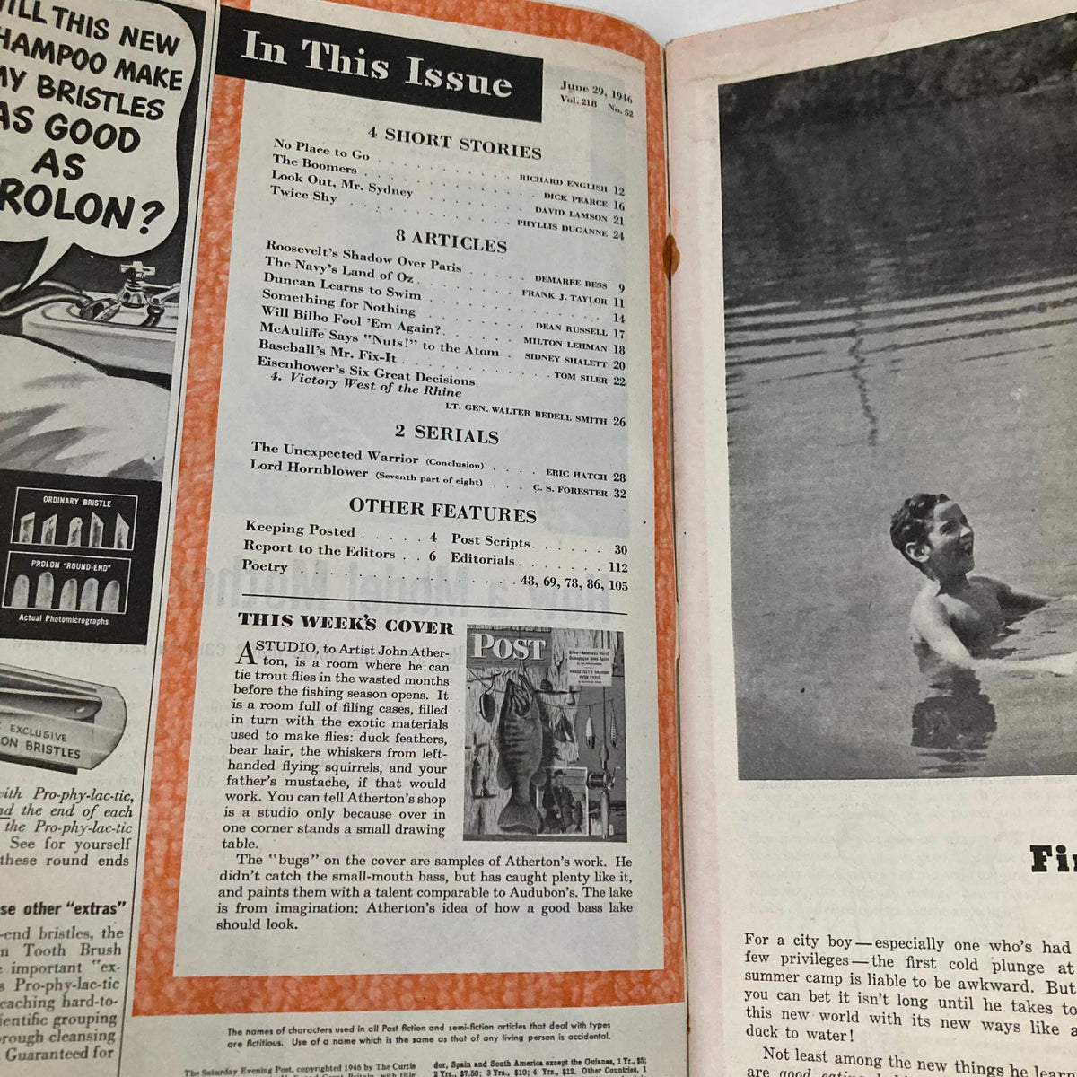 Inside page of the Saturday Evening Post Magazine June 29, 1946 highlighting the table of contents and articles, featuring a cover story about John Atherton.