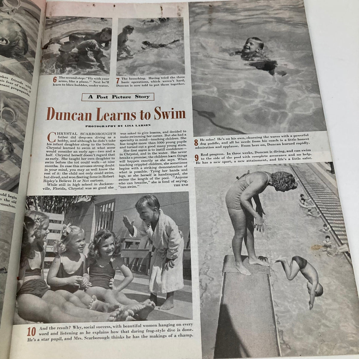 Another interior page of the Saturday Evening Post Magazine June 29, 1946 showing a feature on Duncan learning to swim, complete with photographs of children swimming.