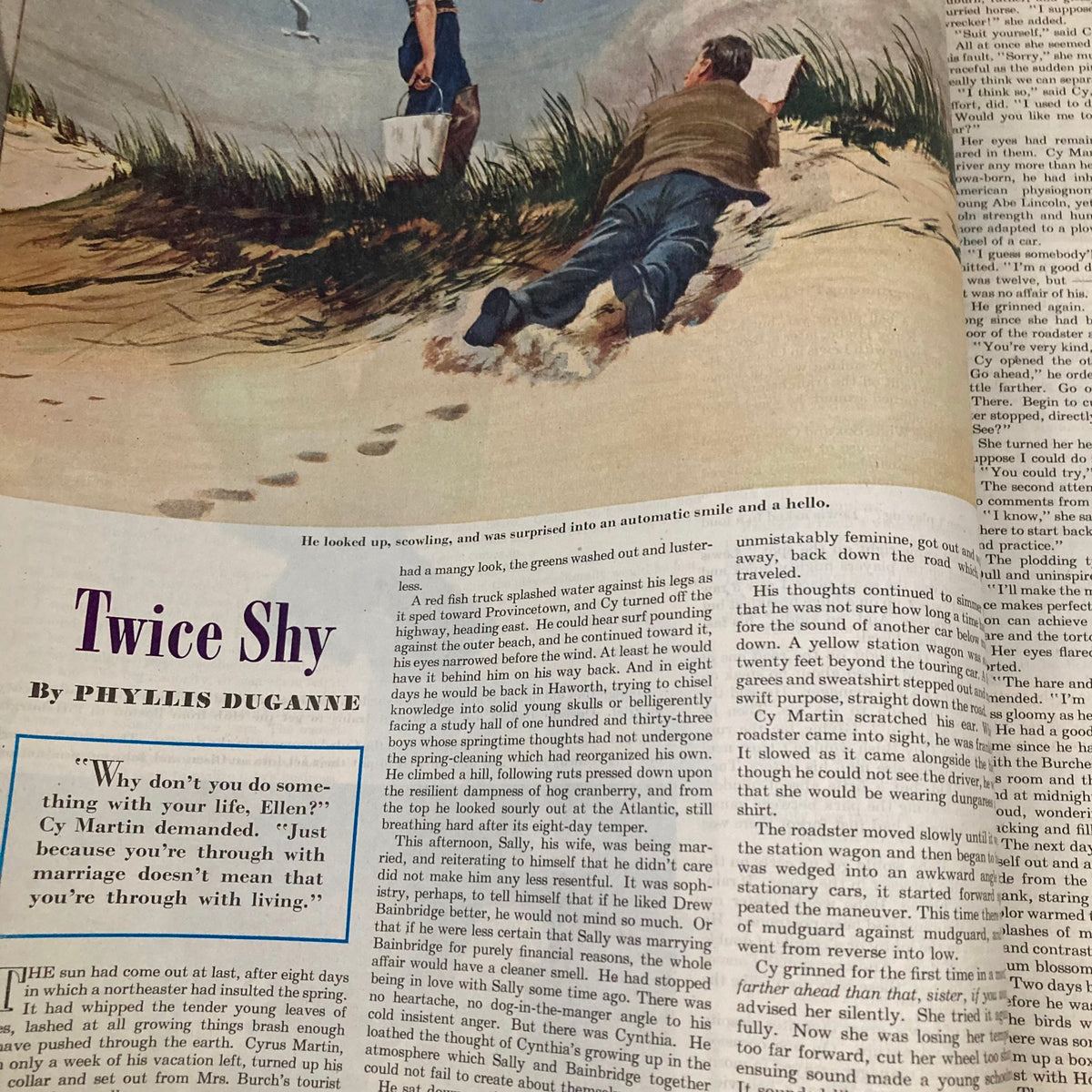 Two characters depicted in the story 'Twice Shy' by Phyllis Duganne from the Saturday Evening Post Magazine June 29, 1946, showcasing a narrative scene at the beach.