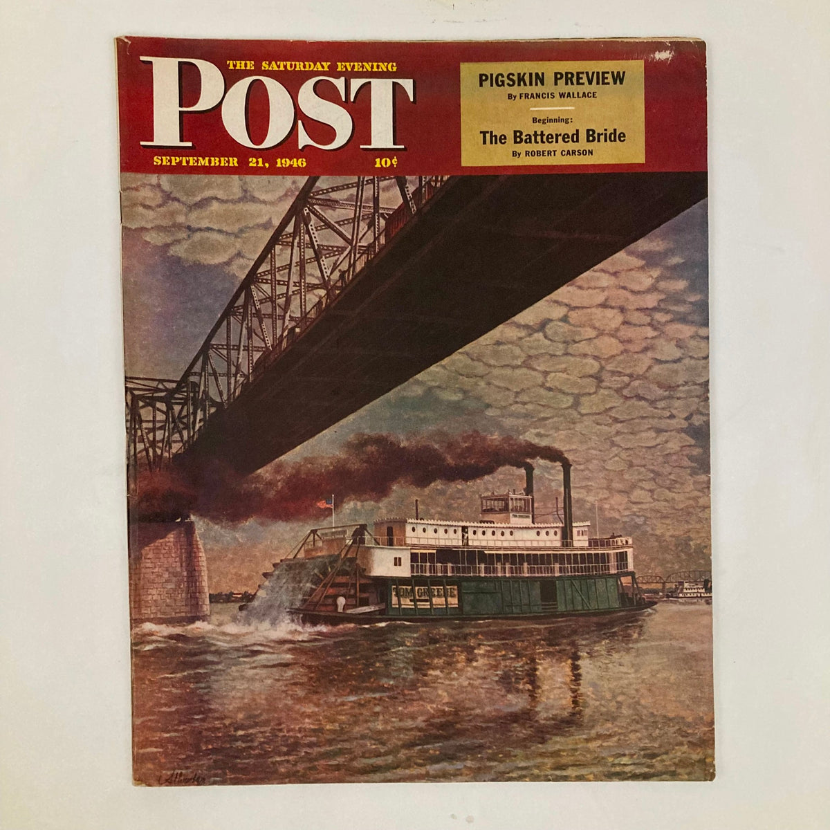 Cover of the Saturday Evening Post Magazine from September 21, 1946, featuring an illustration of a steamboat navigating under a bridge with a scenic background.