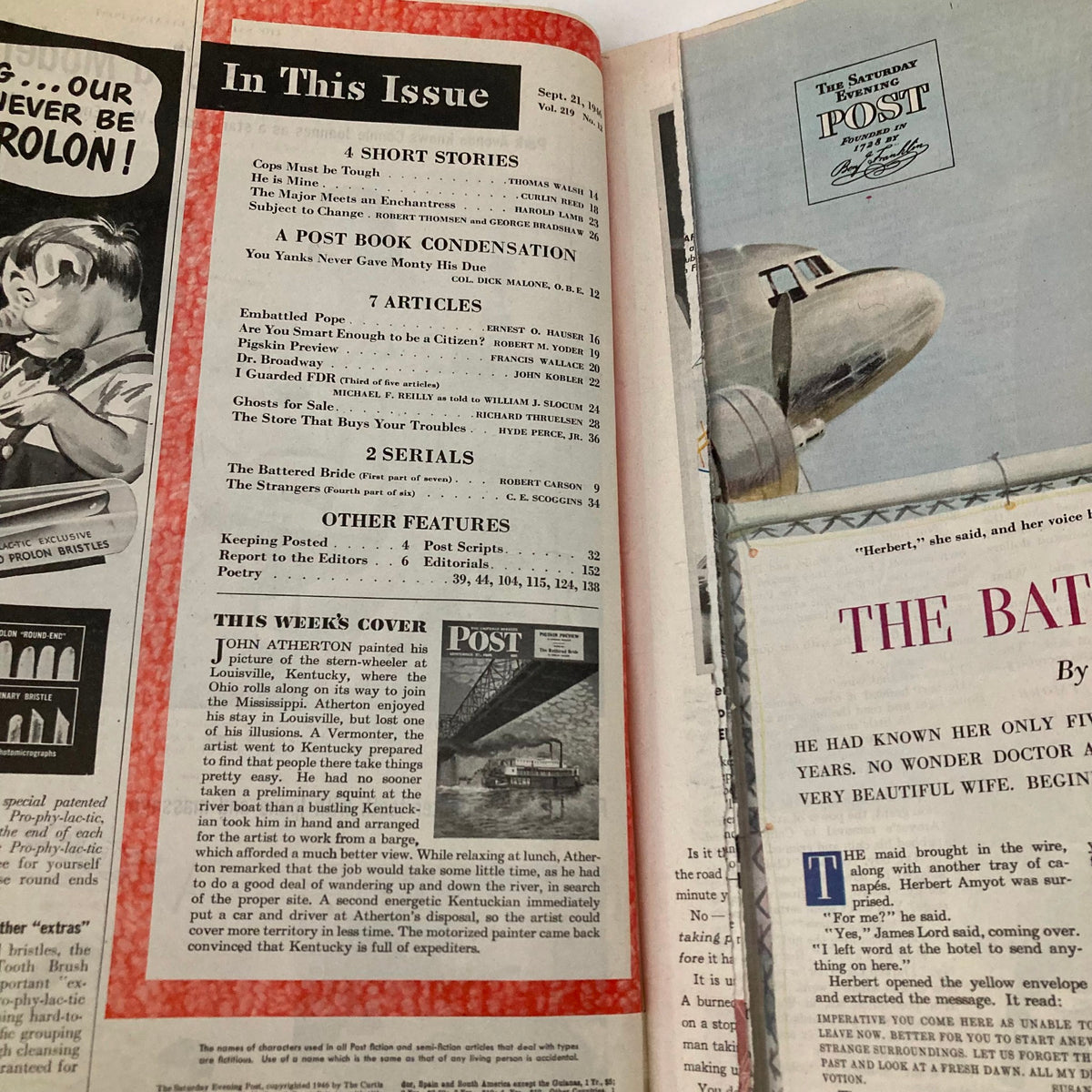 Inside spread of the Saturday Evening Post Magazine September 21, 1946, showcasing the table of contents and articles featured in that issue, including short stories and features.