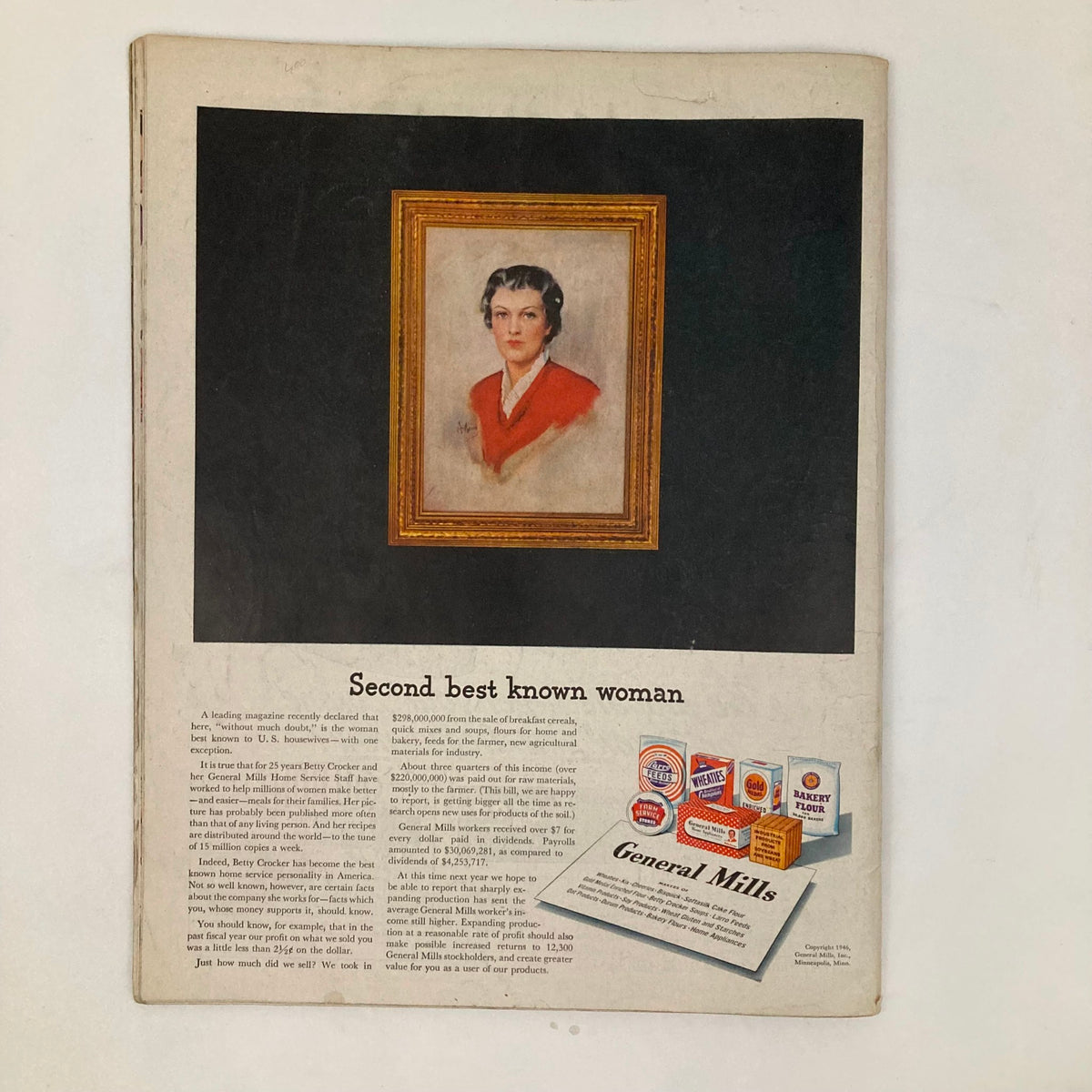 Cover image of the Saturday Evening Post Magazine from September 21, 1946, featuring an illustrated portrait of a woman in a red dress, with an advertisement for General Mills products.