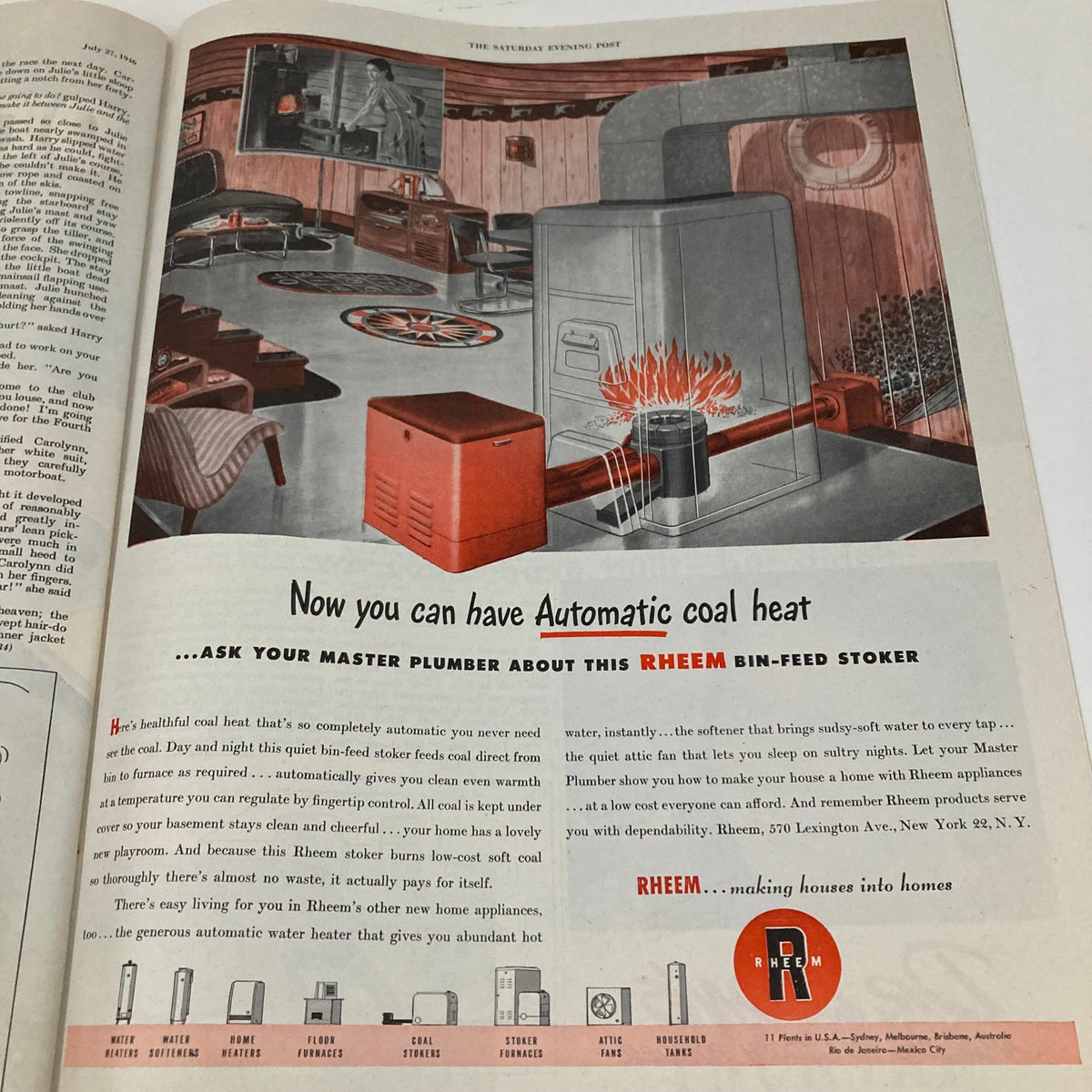 Inside page of Saturday Evening Post Magazine July 27 1946 featuring an advertisement for Rheem automatic coal heat with an illustrated living room setting.