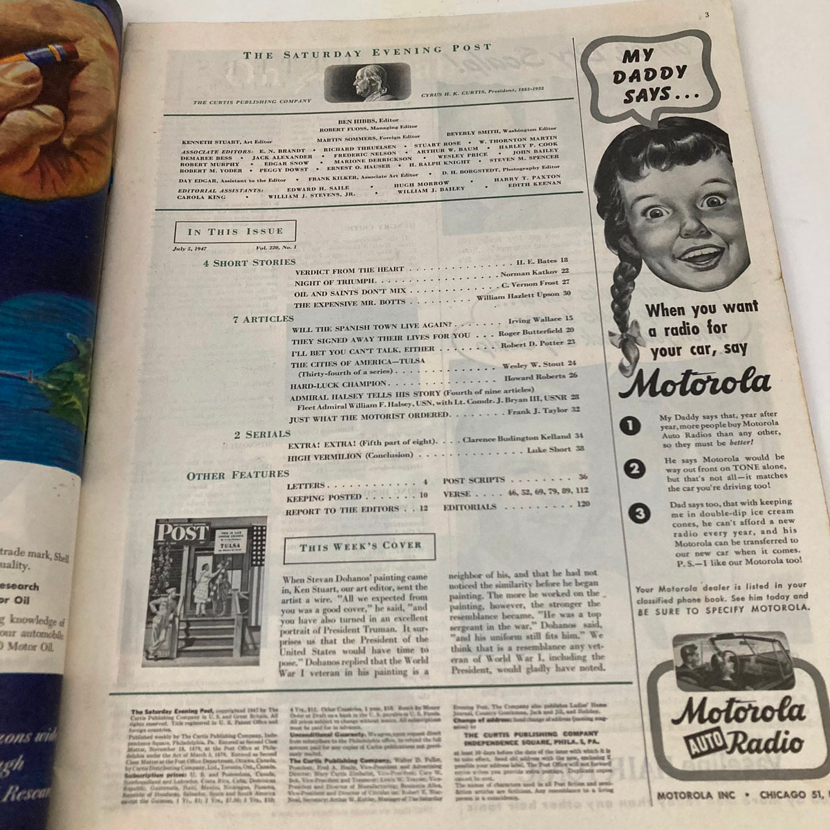 Interior page of Saturday Evening Post Magazine July 5, 1947 displaying the table of contents with articles and illustrations, reflecting the publication's mid-20th century styling.