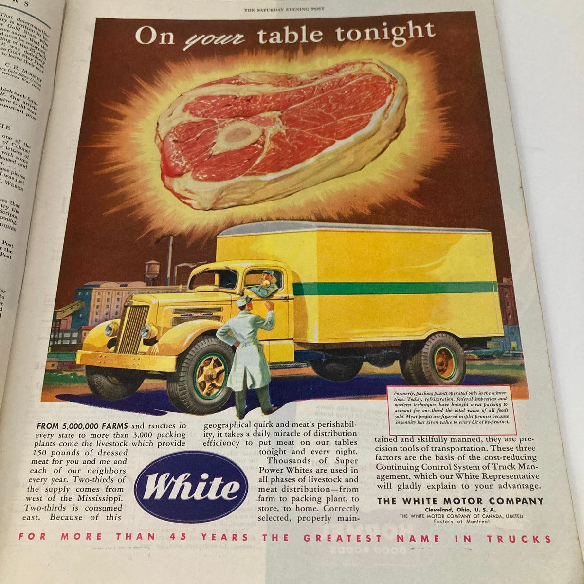 Advertisement in Saturday Evening Post Magazine July 5, 1947 showing a vintage delivery truck and a butcher with a prominent steak, representing food distribution in the 1940s.