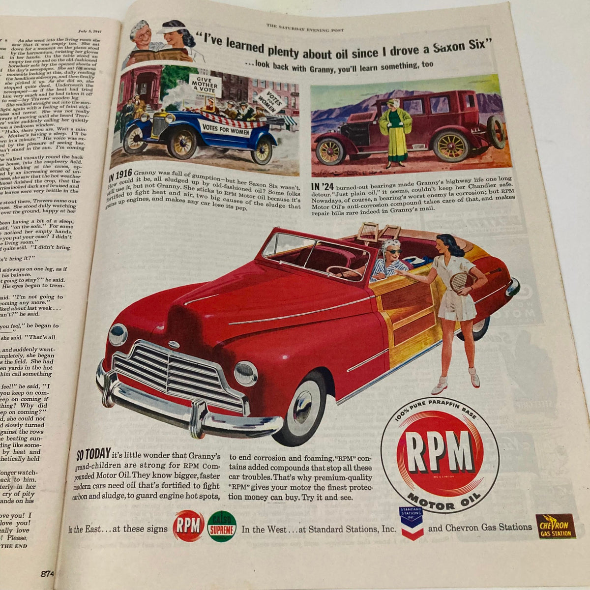 Interior page of Saturday Evening Post Magazine from July 5, 1947 featuring a colorful advertisement for RPM Motor Oil, illustrating a vintage car and highlighting the importance of motor oil.