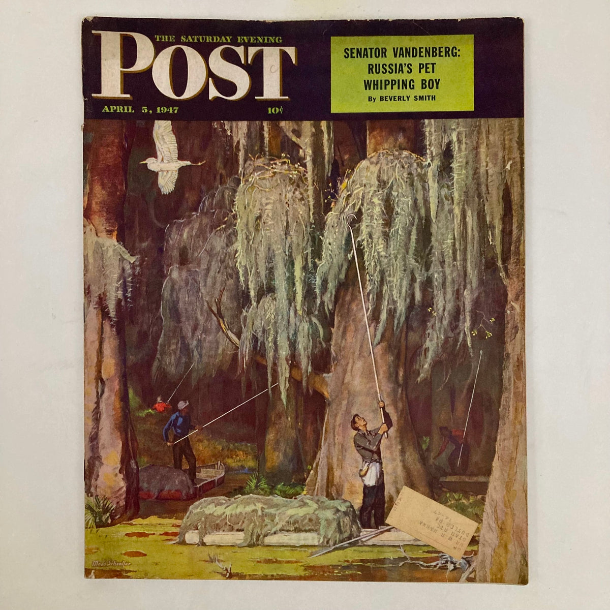 Cover of Saturday Evening Post Magazine April 5, 1947 showcasing a scenic illustration by Mead Schaeffer featuring a forest landscape with men fishing and large trees draped in moss.