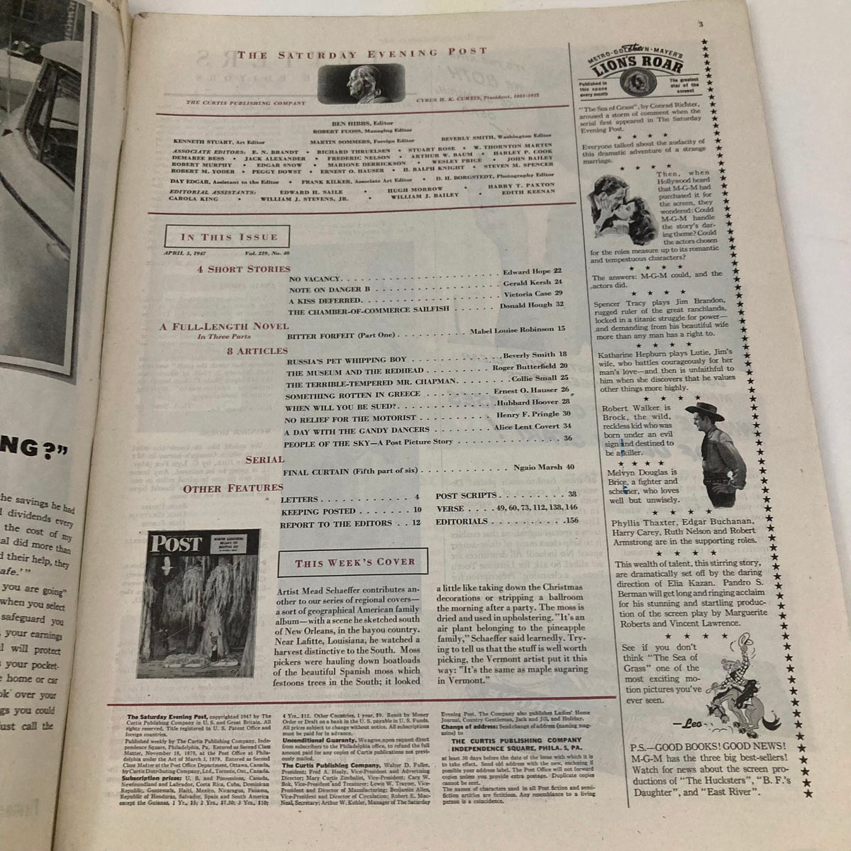 Inside page of the Saturday Evening Post Magazine April 5, 1947, displaying the table of contents and details about the cover art by Mead Schaeffer.