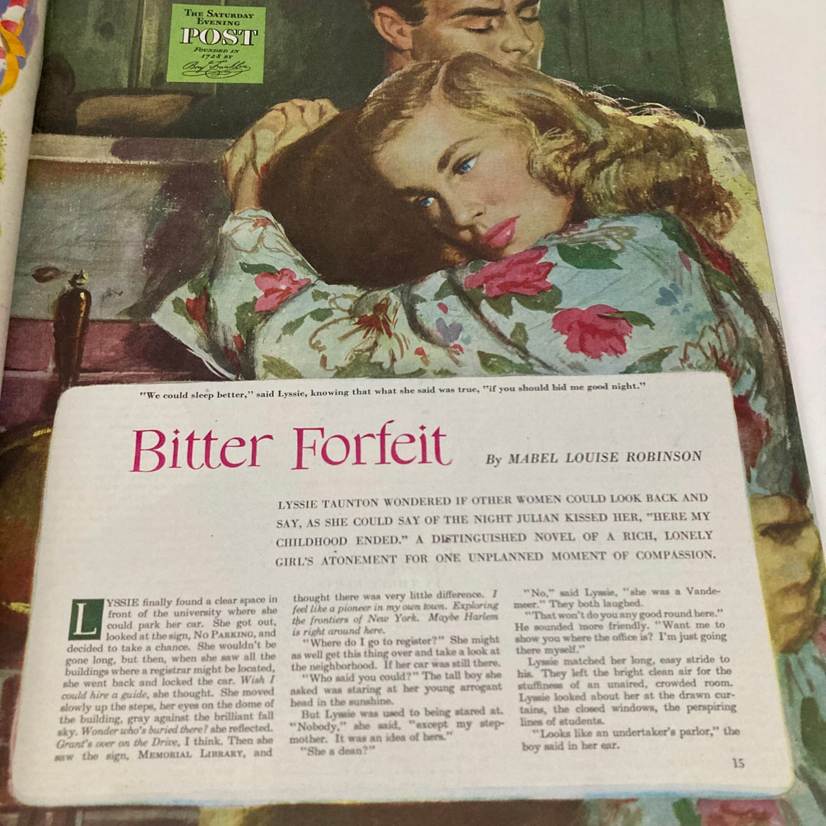 Artwork in Saturday Evening Post Magazine April 5 1947 depicting a romantic scene titled 'Bitter Forfeit', illustrating emotions between a couple.
