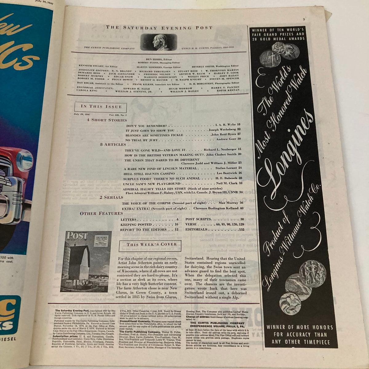 Inside page of the Saturday Evening Post Magazine dated July 19, 1947, featuring the table of contents and advertisements, complementing the cover art 'Rich Dairy Country' by John Atherton.