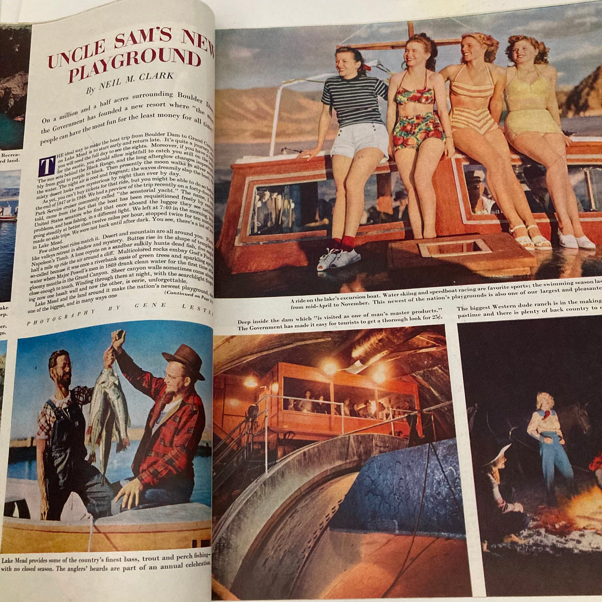 Article titled 'Uncle Sam's New Playground' from the Saturday Evening Post Magazine July 19, 1947, showcasing a colorful photograph of women enjoying leisure activities on a boat.
