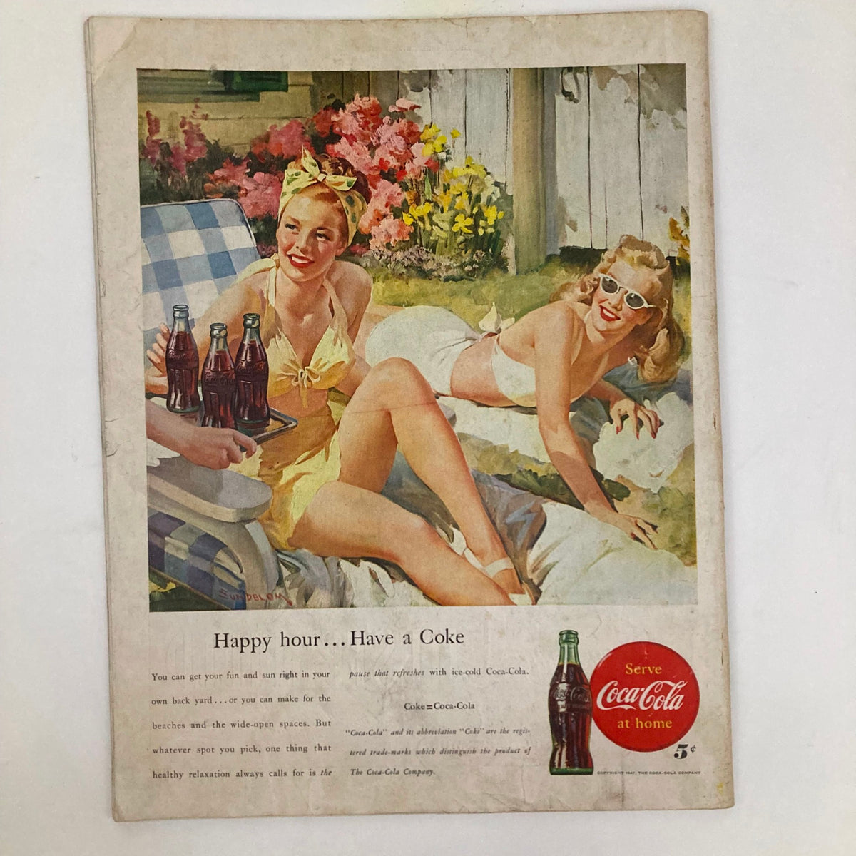 Vintage advertisement featuring two women enjoying a sunny day with Coca-Cola bottles, from the Saturday Evening Post Magazine July 19 1947 Rich Dairy Country - John Atherton.