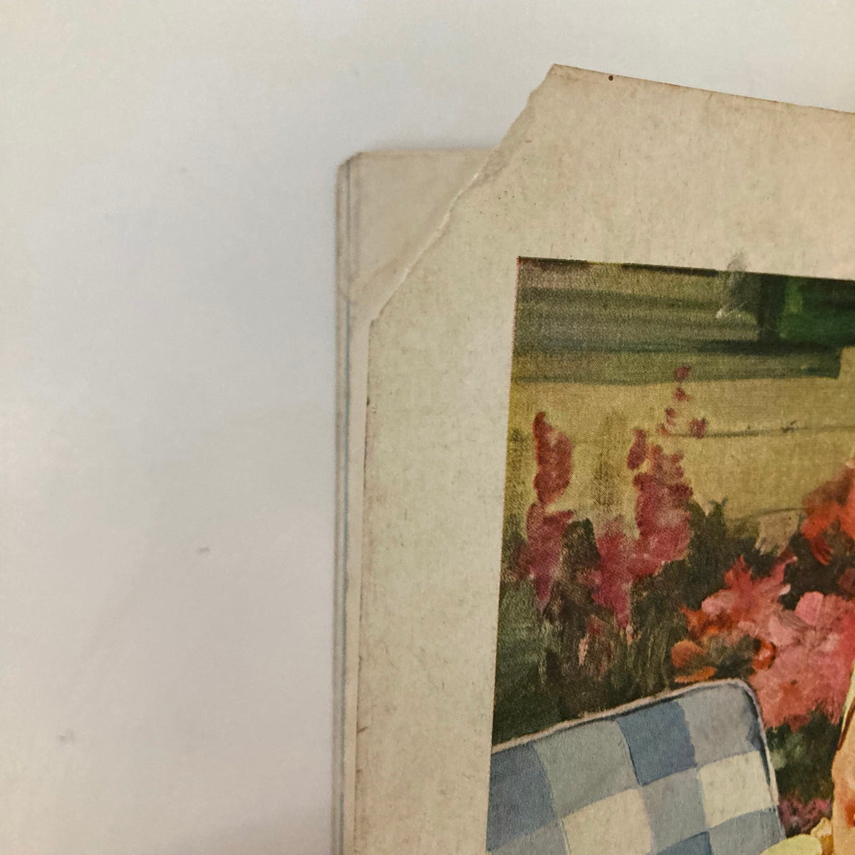 Side view of a vintage magazine cover from the Saturday Evening Post Magazine July 19 1947, showing the edge with floral decorations and a checkered pattern.