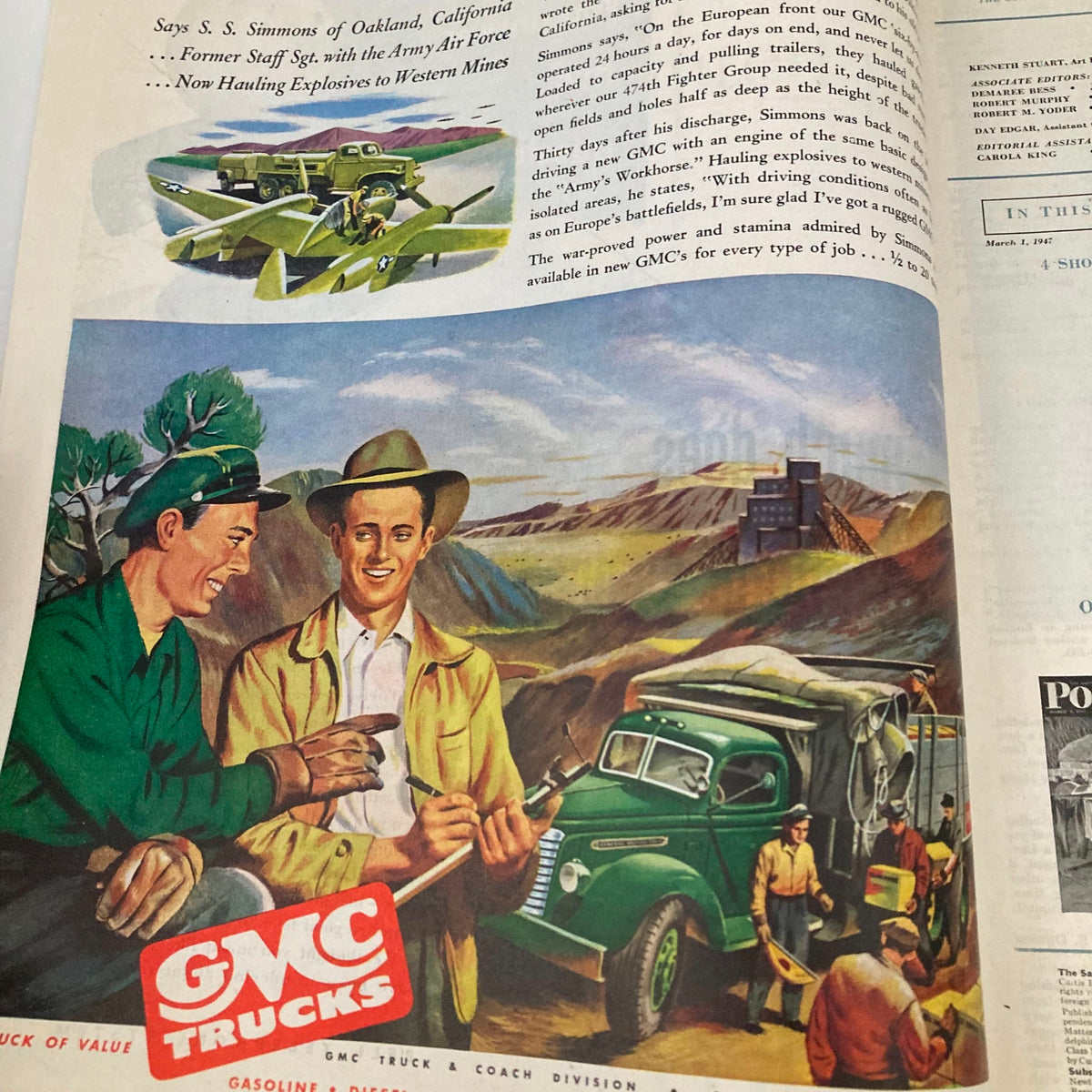 Ad page in Saturday Evening Post Magazine from March 1, 1947 showcasing GMC Trucks with illustrations of workers, emphasizing the vehicle's utility and ruggedness.