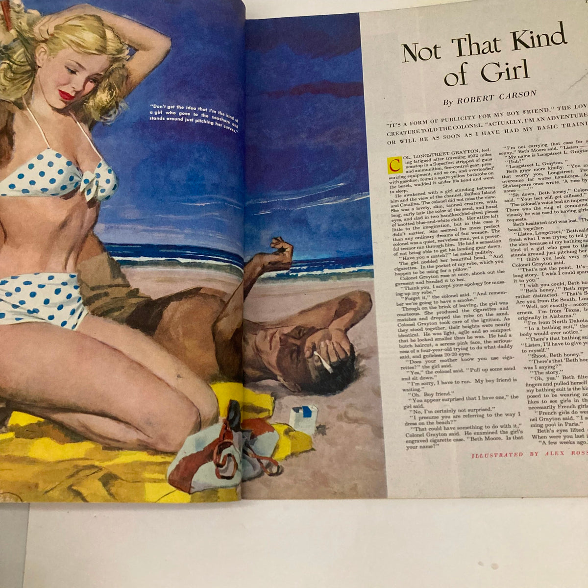 Illustration from the Saturday Evening Post Magazine March 1, 1947, featuring a beach scene titled 'Not That Kind of Girl' with a woman in a polka dot bikini and a man relaxing on the sand.