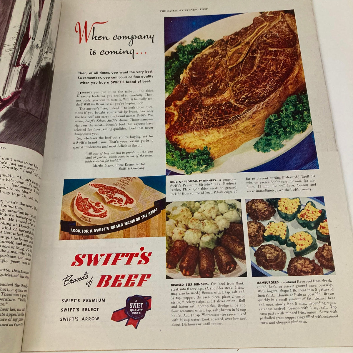 Advertisement from the Saturday Evening Post Magazine March 1, 1947, promoting Swift’s brand of beef, with images of prepared meat dishes and cooking advice.