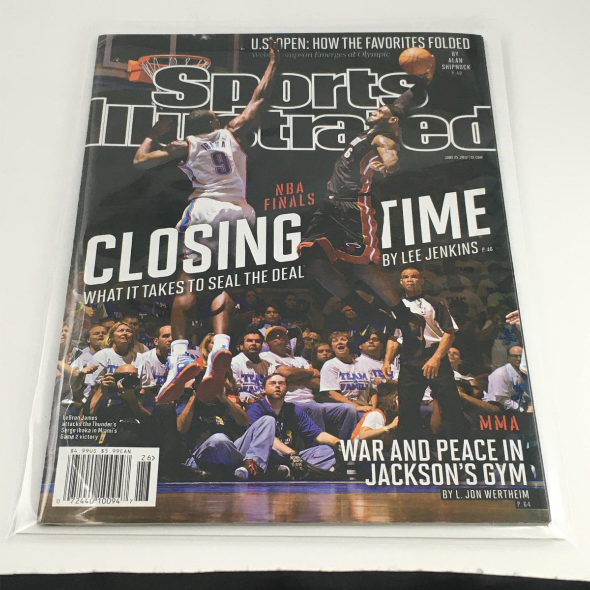 Front cover view of Sports Illustrated Magazine June 25, 2012 'Closing Time: Lebron James No Label NM', protected in plastic, showcasing NBA Finals theme.