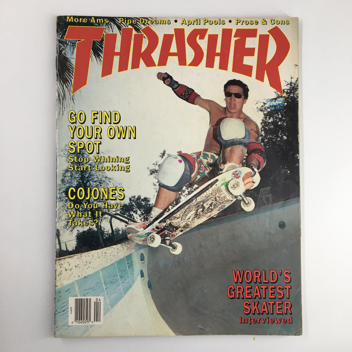 Cover of VTG Thrasher Magazine April 1988 featuring skateboarder Steve Alba at the Dolphin Pool, highlighting skate culture with dynamic graphics and text.