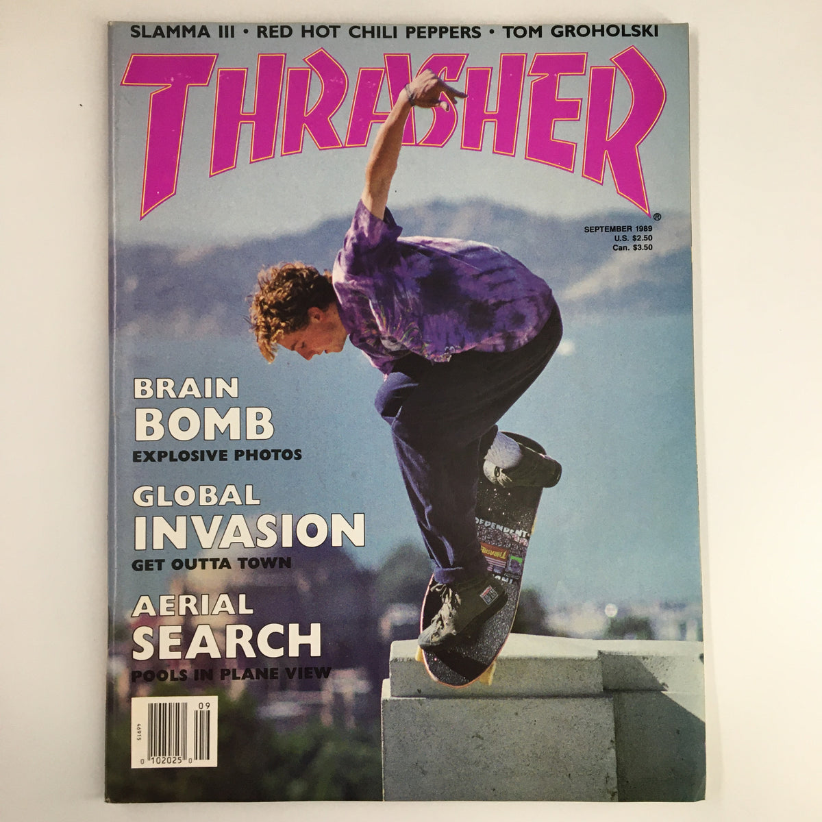 Cover of VTG Thrasher Magazine September 1989 featuring Danny Sargent performing an ollie-to-pick trick, highlighting the vibrant skateboarding culture of the late '80s.
