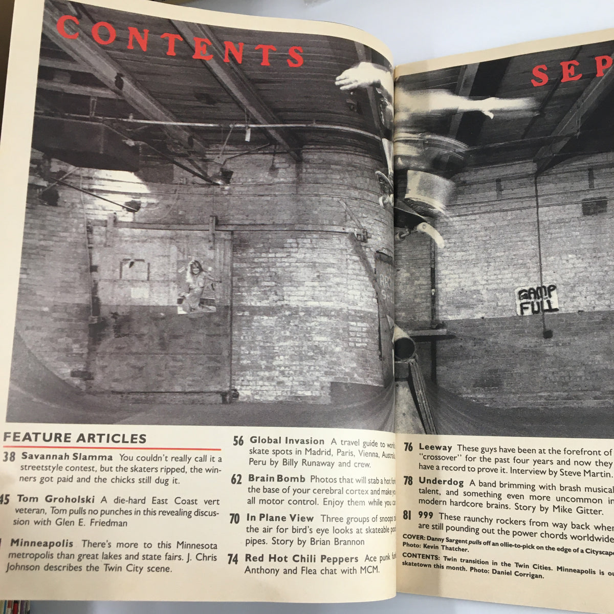 Contents page of VTG Thrasher Magazine September 1989 featuring feature articles including 'Savannah Slamma' and 'Brain Bomb'.