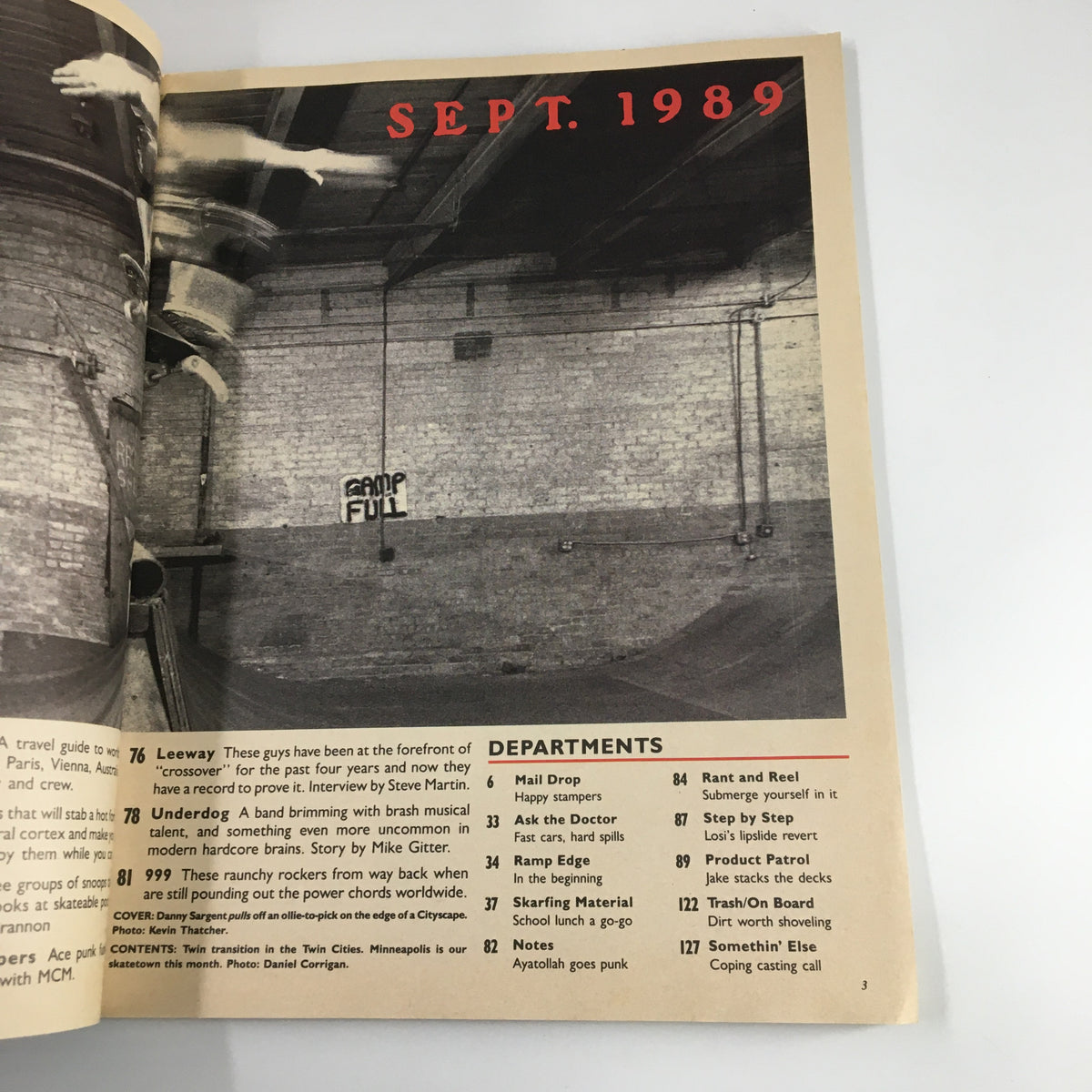 Department section of VTG Thrasher Magazine September 1989 showcasing articles like 'Mail Drop' and 'Rant and Reel'.