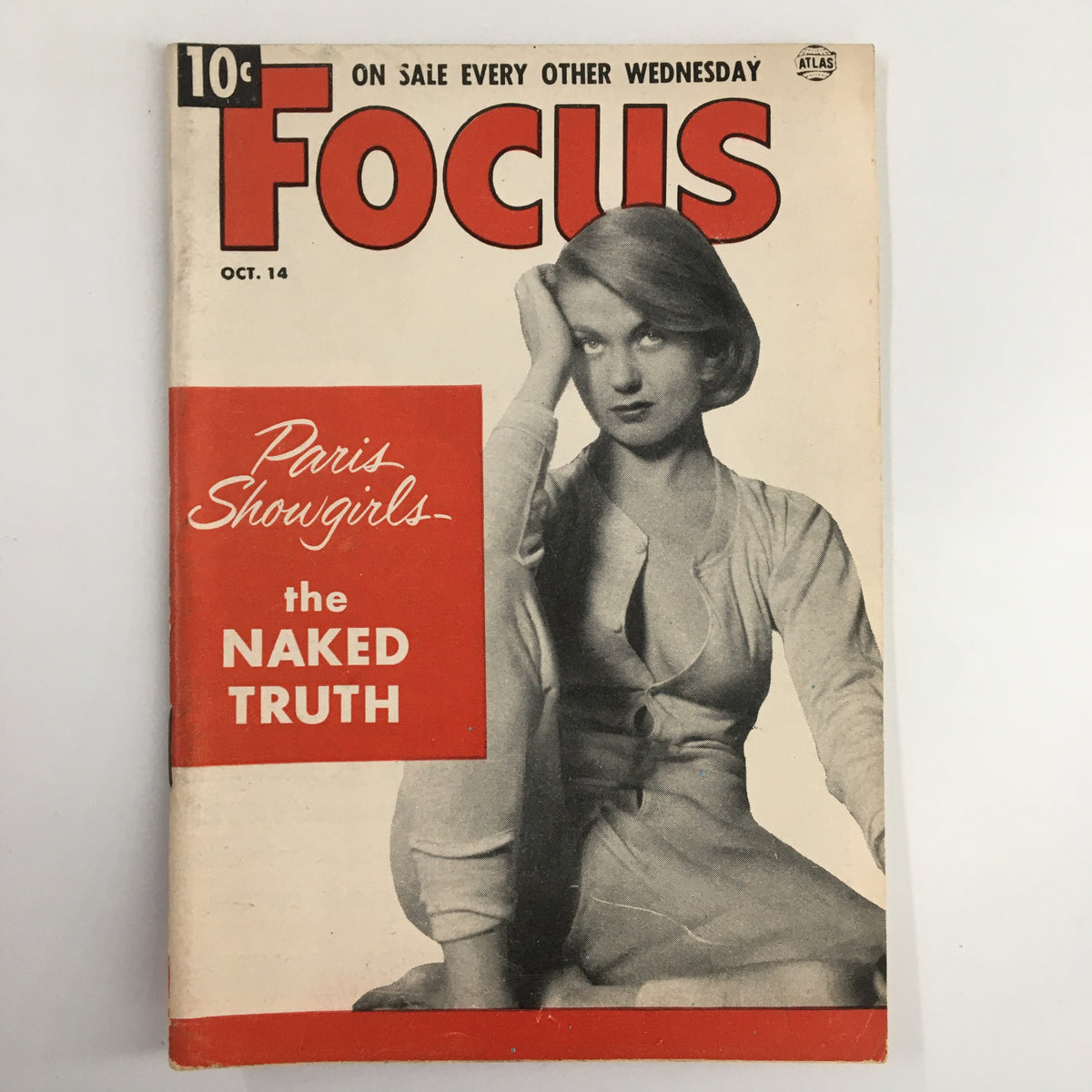 VTG Focus Magazine October 14 1953 featuring Paris Showgirls and the title 'The Naked Truth' on its cover, showcasing mid-century design and glamour.