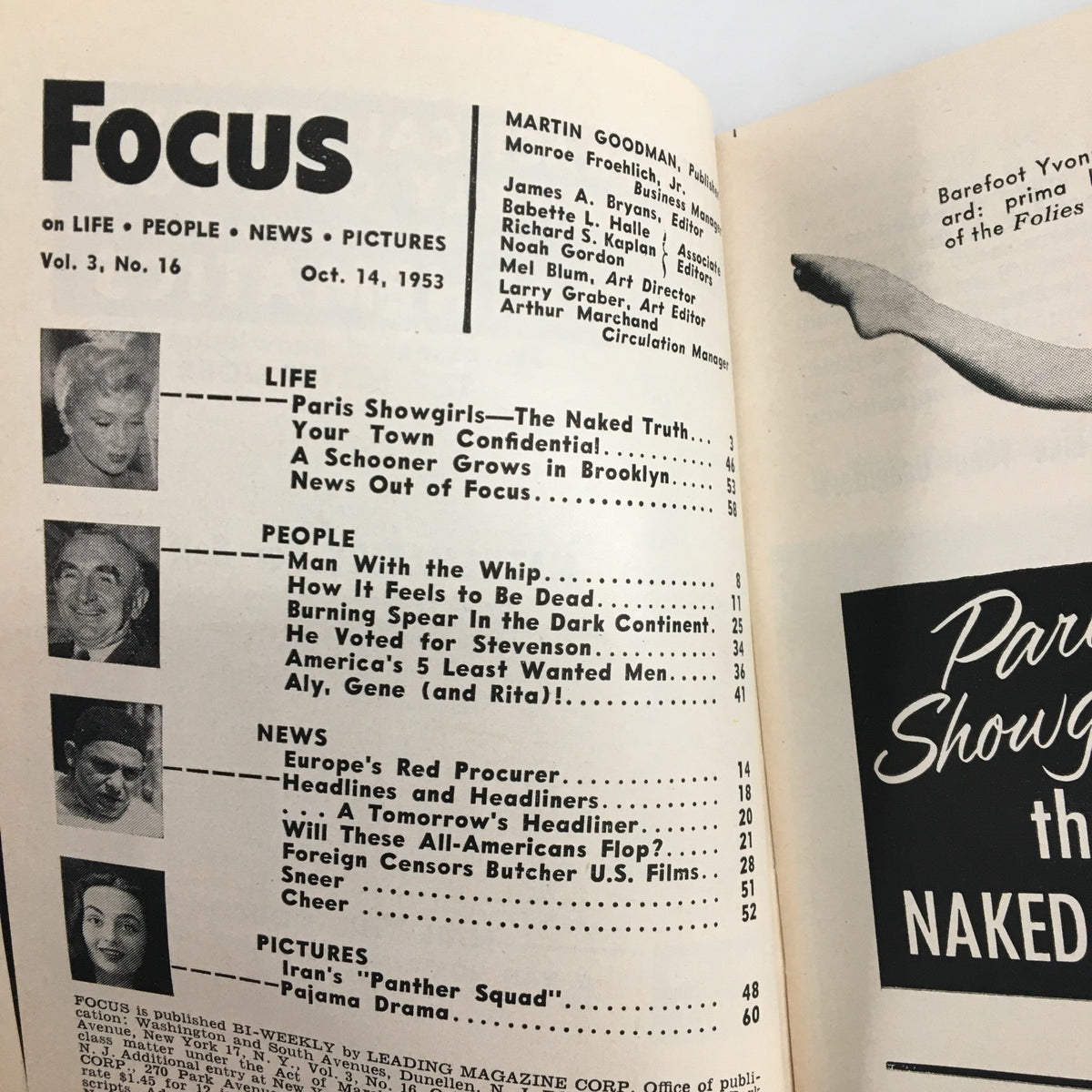 Interior page of VTG Focus Magazine October 14 1953, displaying the table of contents with features on Paris Showgirls and various cultural topics, enhancing its historical significance.