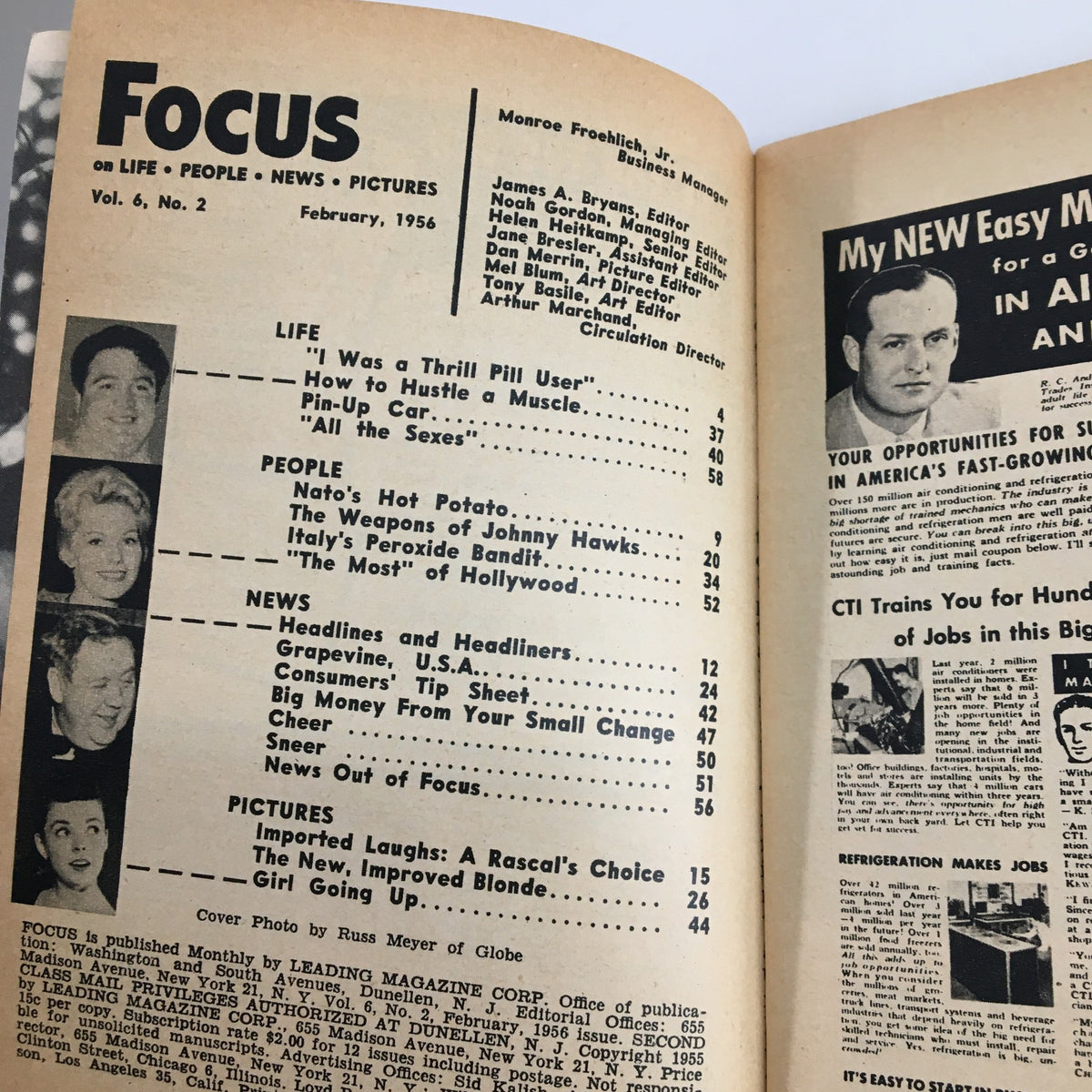 Interior page of VTG Focus Magazine February 1956, including the table of contents and features such as 'The New, Improved Blonde'.