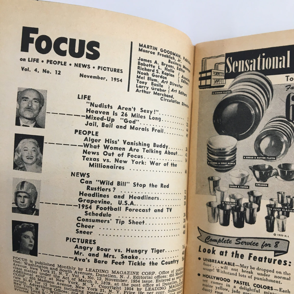 Interior page of VTG Focus Magazine November 1954 showcasing article titles including 'Nudists Aren't Sexy' and features on people, news, and advertisements.