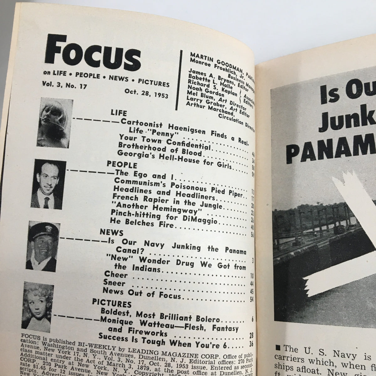 VTG Focus Magazine October 28 1953 - Interior page featuring the contents section and articles on culture, news, and entertainment from the 1950s, highlighting Georgia's Hell-House.