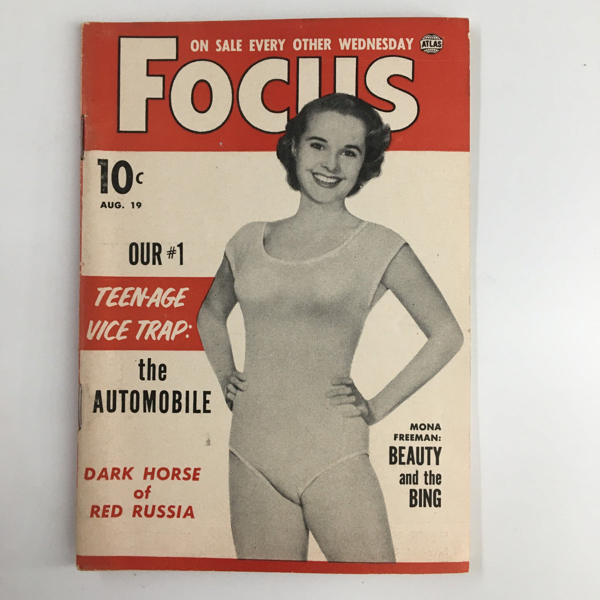 Front cover of VTG Focus Magazine August 19, 1953 featuring Mona Freeman with the headline 'Beauty and the Bing'.