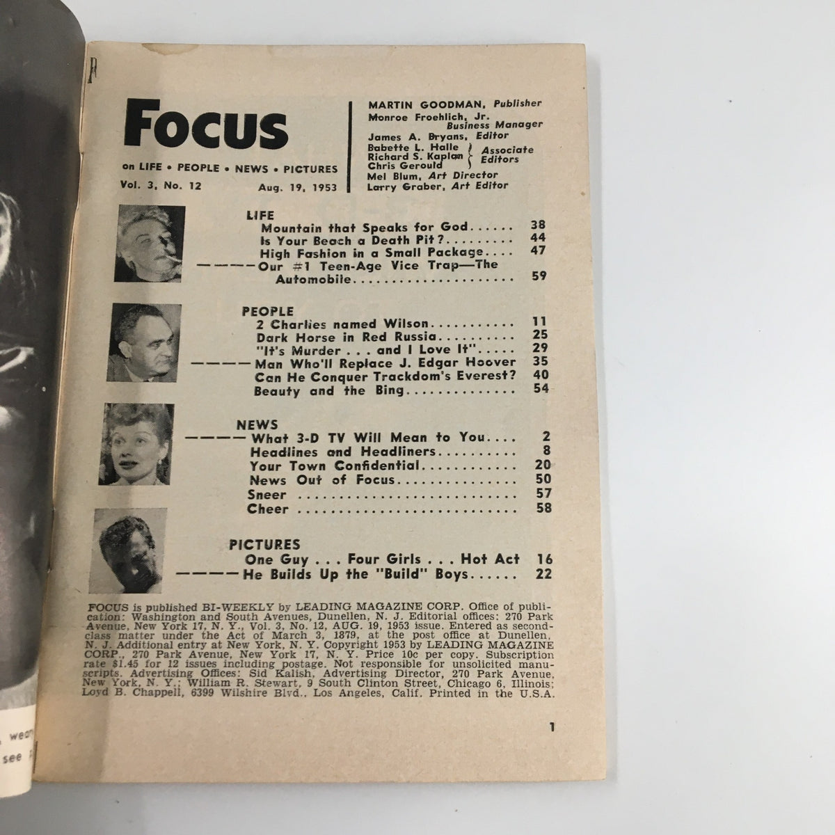 Inside page of VTG Focus Magazine August 19, 1953 showing the table of contents and an overview of articles including 'Dark Horse in Red Russia' and 'Beauty and the Bing'.