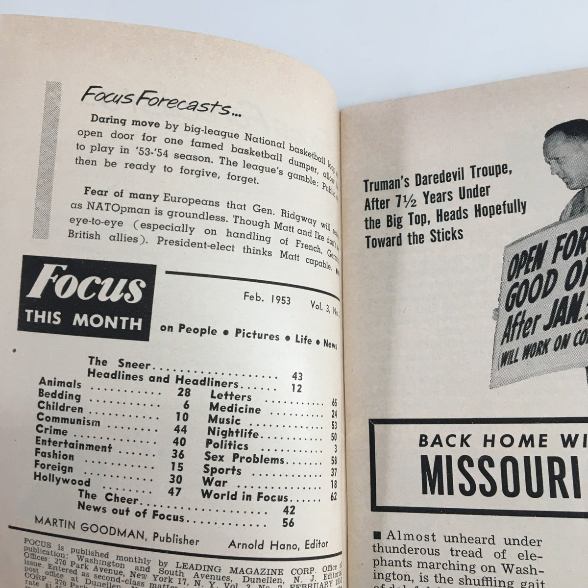 Inside page of VTG Focus Magazine February 1953 displaying contents and features, highlighting articles about Paris nightlife and cultural themes.