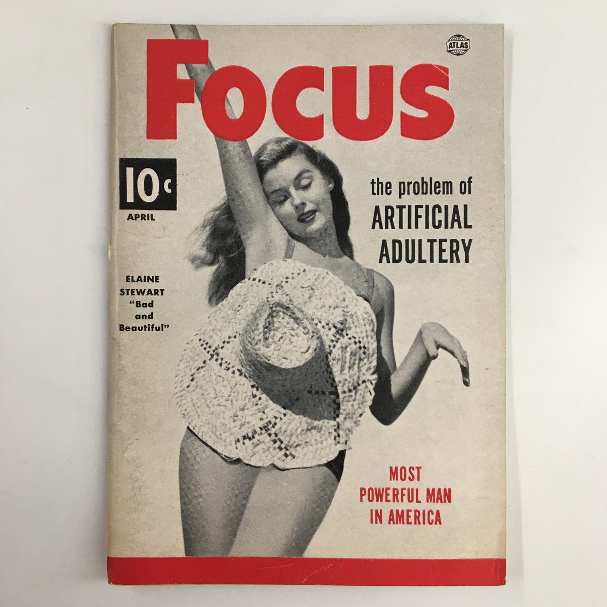 VTG Focus Magazine April 1953 featuring Elaine Stewart, showcasing a vintage cover design with headlines about artificial adultery, highlighting the glamour of the 1950s.