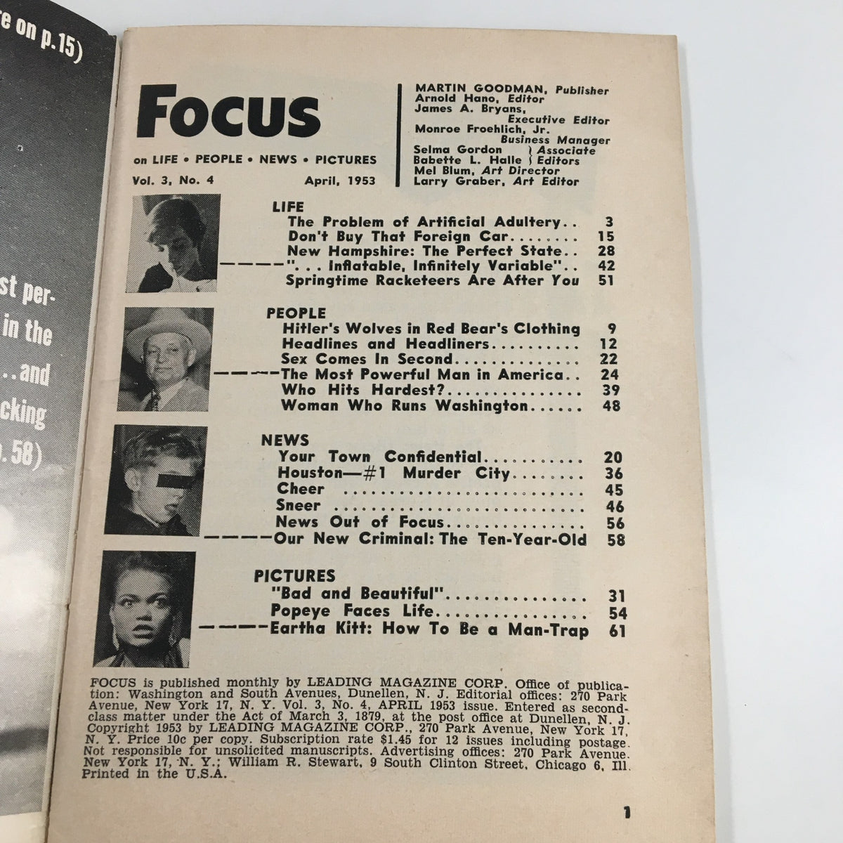 Interior page of VTG Focus Magazine April 1953, displaying table of contents with articles on various topics including 'The Most Powerful Man in America' and 'Bad and Beautiful'.