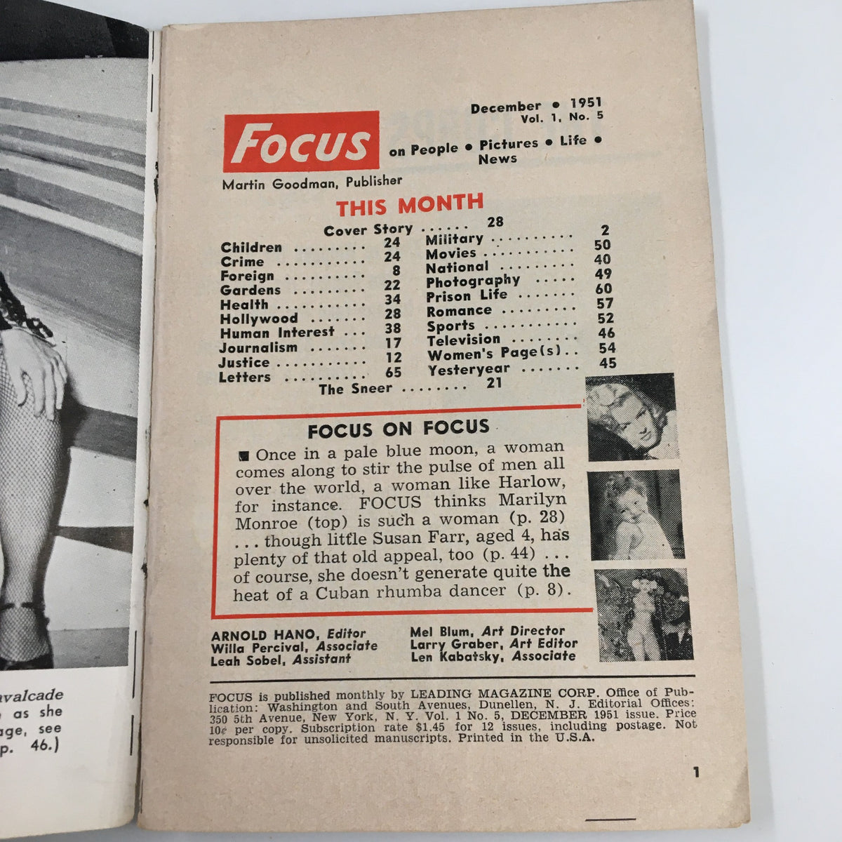 Interior page from VTG Focus Magazine December 1951 displaying the table of contents, highlighting articles and topics including Marilyn Monroe's feature.