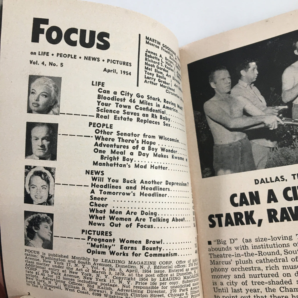 Inside page of VTG Focus Magazine April 1954, listing articles including Manhattan's Mad Hatter and the Other Senator from Wisconsin.