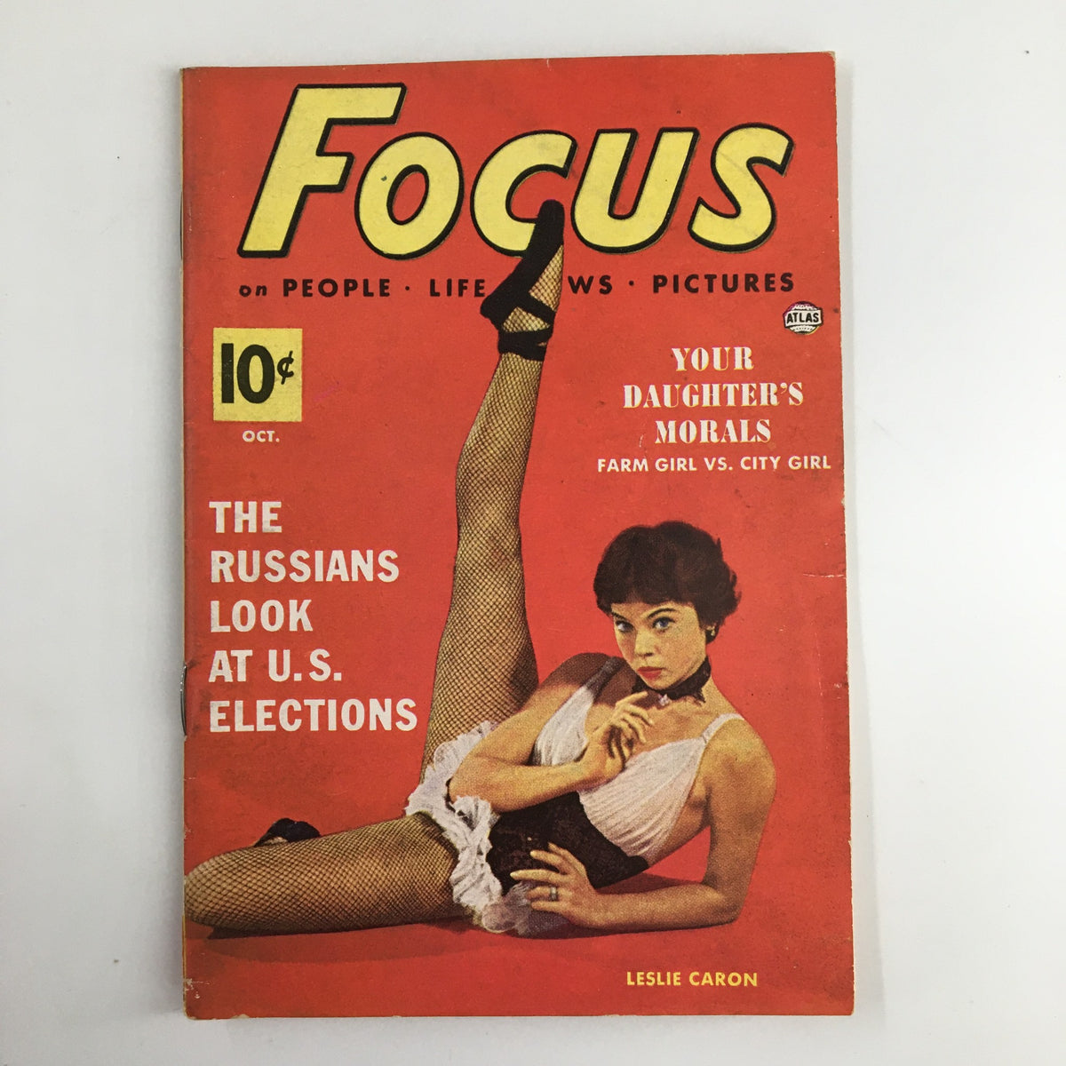 Cover of VTG Focus Magazine October 1952 featuring Leslie Caron, showcasing the title 'Your Daughter's Morals' and articles related to societal values and culture.