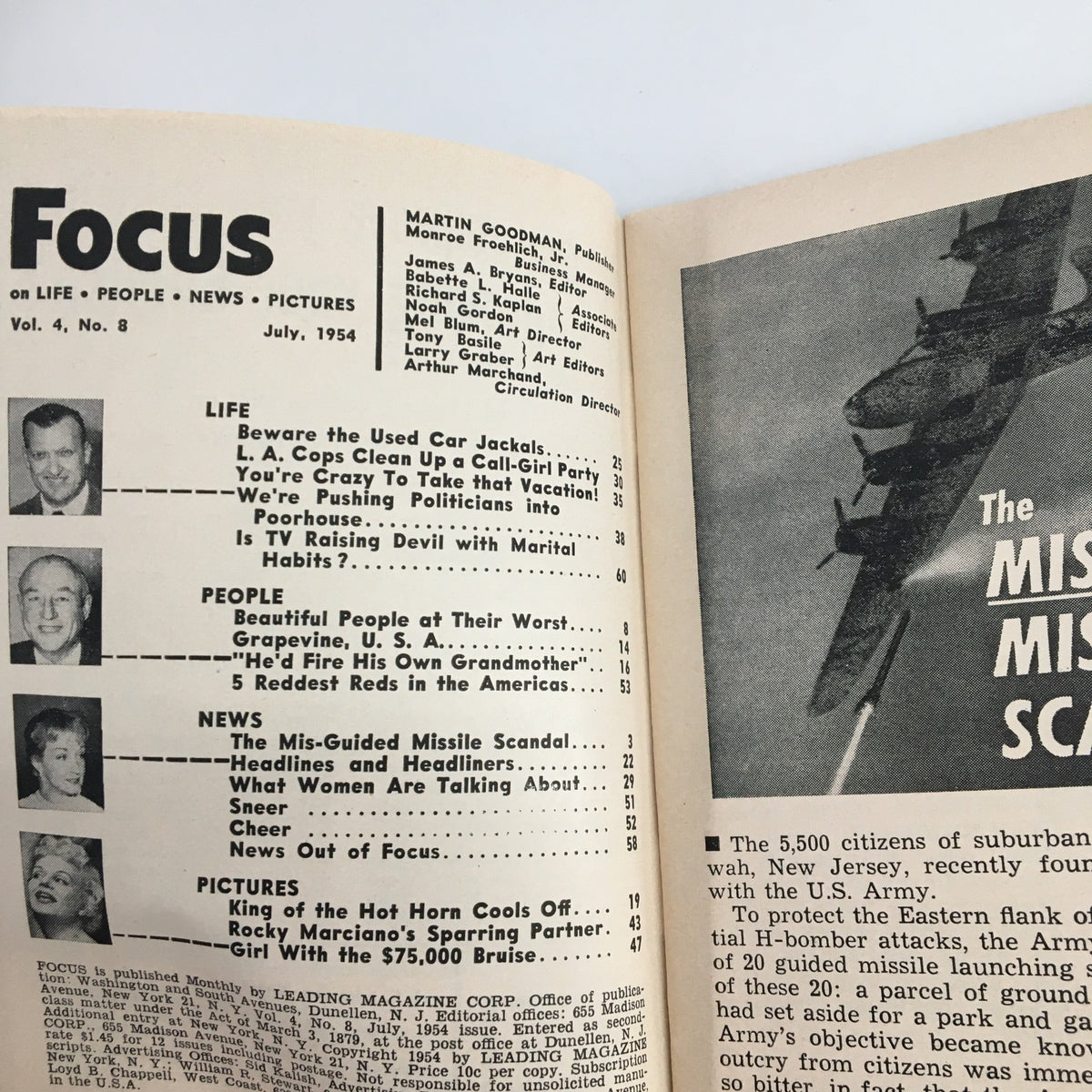 Inside page of VTG Focus Magazine July 1954 showing the table of contents with articles including 'L.A. Cops Clean Up A Call-Girl Party'.