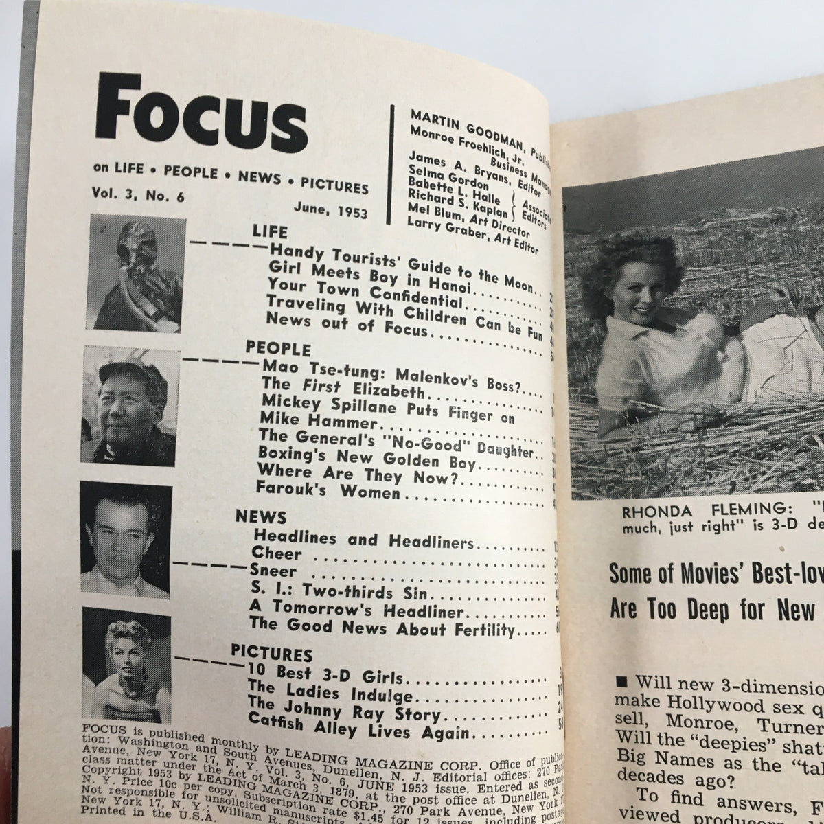 Interior page of VTG Focus Magazine June 1953 displaying the table of contents, including the feature 'The Good News About Fertility', reflecting historical perspectives on health.