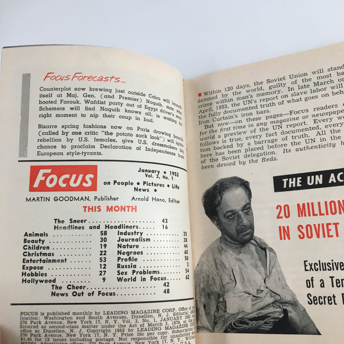 Interior page of VTG Focus Magazine January 1953, highlighting articles and contents, including a feature on the UN accusations regarding slaves in Soviet chains.